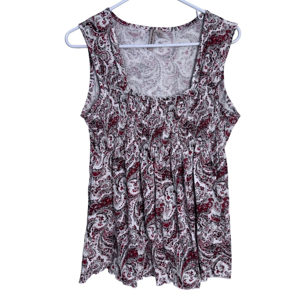Susan Lawrence Womens XL Red Paisley Smocked Waffle Knit Tank Top Boho Festival